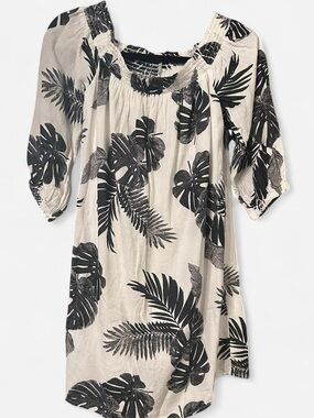 Off-the-Shoulder Smocked Shift Dress in White Palm Print size M.